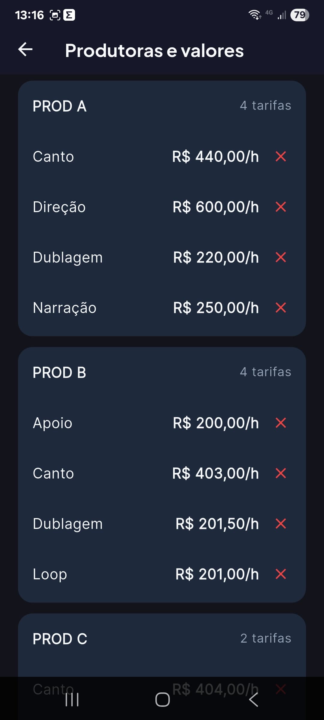 Tela de Estúdios e Valores do app DublyDesk